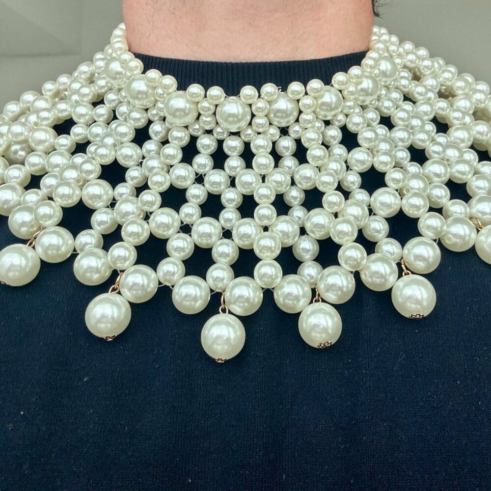 White Pearl Layered  Choker Statement Necklace - Picture 2 of 4